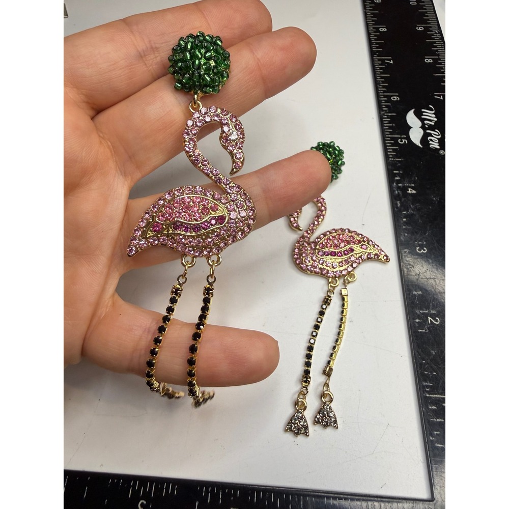 Pink Rhinestone Flamingo Drop Earrings Gold Tone Tropical Bird Statement Jewelry